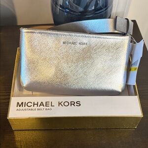 Michael Kors Silver Metallic Silver Logo Debossed Belt Bag Waist Pack NWT S/M
